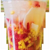 7. Coco Loco · 24 oz. Coconut juice and coconut meat with fresh strawberry & mango fruit bits.