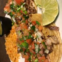 Carnita Tacos Dinner · 3 soft corn tortillas filled with perfectly seasoned shredded pork and topped with pico de g...