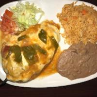 Chile Relleno Lunch · Chile poblano pepper stuffed with cheese. Served with corn or flour tortillas.