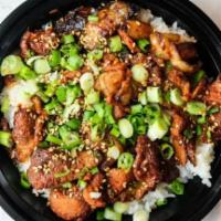 Mukja Bowl · Our Specialty Rice Bowl that rotates biweekly: this week's bowl is spicy marinated pork, oni...