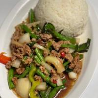 Pad Kapow · Stir-fried Thai Basil with bell peppers, chopped onions, and long beans with special garlic ...