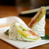 Big Buddha Roll · Shrimp tempura, spicy tuna, crab, avocado and butter lettuce wrapped in soy paper with spicy...