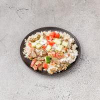 Greek Bowl · gyro or falafel, feta, tomato & cucumber salad, & tzatziki over seasoned rice or lettuce