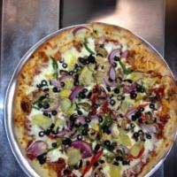 Veggie Delight Pizza · Mushrooms, black olives, artichoke hearts, garlic, onions, green peppers and mozzarella chee...