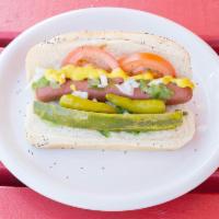 Hot Dog · Chicago style Vienna beef hot dog with mustard, relish, tomato, onion, pickle, sport peppers...