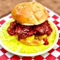 Korean Hot Chicken Sandwich (Vegan options) · Korean tangy hot chicken on a toasted bread topped with pickles,  Add a side. 