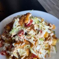 Rad Tots · Tater tots with fried chicken breast, cheese, coleslaw, pickles, & Rad sauce.
