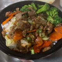 Beef Bowl · Marinated beef served with white rice, garnished with green onions & sesame seeds