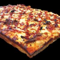 BBQ Chicken Pizza · BBQ chicken, bacon, onion, BBQ sauce and mozzarella cheese.