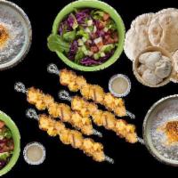 Family Meal Kabobs Option 2 (All Chicken Kabobs). · includes: 4 Skewer of Chicken Kabobs, 2 Large Servings of Basmati Rice, 2 Large Serving of G...