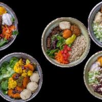 Vegan Bowl by Claudia · 1/2 Basmati Rice, 1/2 Musclun Greens, Sriracha Tomato Hummus, Charred Carrot Tahini, Hummus,...