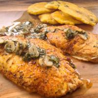 1. Grilled Chicken Breast · Pechuga a la plancha. Served with a side order of tostones, rice and beans or veggies.