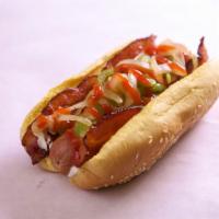 Downtown Dog · Applewood Smoked Bacon, grilled onions and peppers, mayo and ketchup.