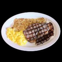 1. Ribeye Steak and Eggs · Ribeye steak, 2 eggs, hash browns and 2 toasts.