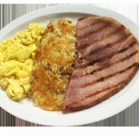 7. Ham and Eggs · Ham steak, hashbrowns, 2 eggs and 2 toasts.