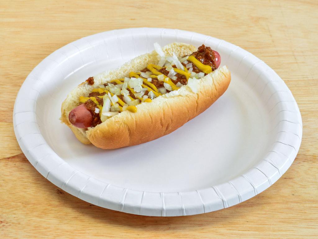 Detroit Dog · Hot dog, chili, onion, and mustard.
