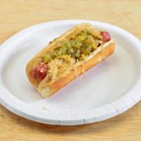 New York Dog · Hot dog, relish, sauerkraut, and spicy mustard.
