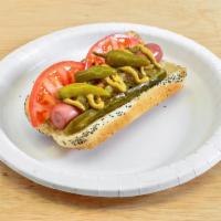 Chicago Dog · Hot dog, relish, tomatoes, pickle, hot pepper, and spicy mustard.

