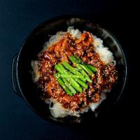 Spicy Pork Bibimbap · Spicy pork, onion and chive with steamed rice. Spicy.