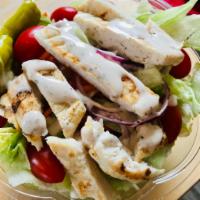 Grilled Chicken over Greek Salad · 3 oz grilled chicken breast, marinated on olive oil and garlic herbs spices. Over Greek Sala...