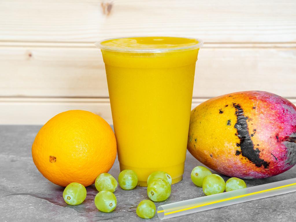Mellow Mango Smoothie · Mango, banana, grapes, orange juice, and ginger.