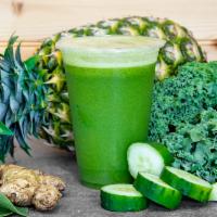 Super Green Machine Juice · Spinach, pineapple, apple, kale, cucumber, ginger, and lemon.