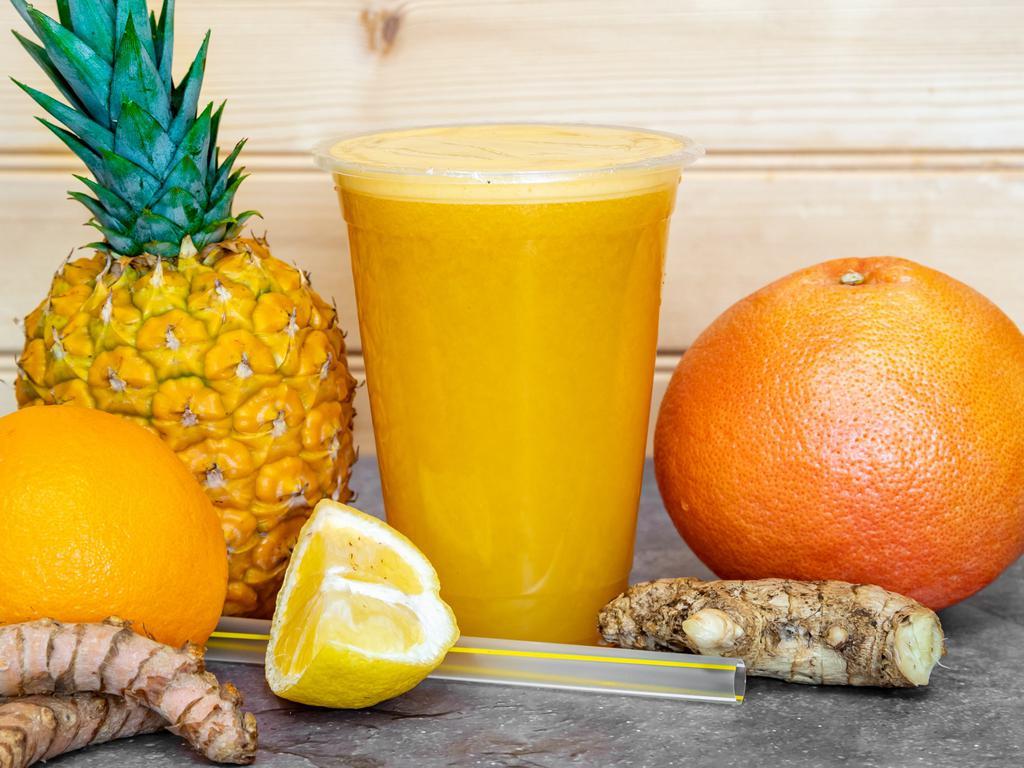 Sunshine Juice · Orange, grapefruit, pineapple, turmeric, lemon, and ginger.