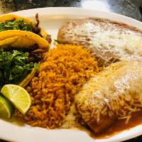 2 Tacos and Enchilda · Served with rice and beans, choice of steak, pork, Mexican sausage, tongue, chicken, ground ...