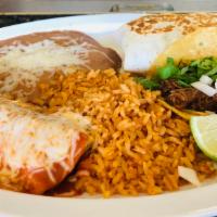 Taco, Enchilada and Burrito · Served with rice and beans, choice of steak, pork, Mexican sausage, tongue, chicken, ground ...