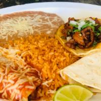 Taco, Enchilada and Quesadilla · Served with rice and beans, choice of steak, pork, Mexican sausage, tongue, chicken, ground ...