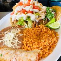 Sope and Enchilada · Served with rice and beans, choice of steak, pork, Mexican sausage, tongue, chicken, ground ...