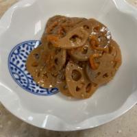Kimpira · Lotus root cooked in sugar and soy sauce.