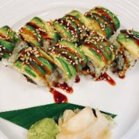 Caterpillar Special Roll  · Base: eel cucumber roll.
On top: avocado, sweet sauce, sesame seed.
