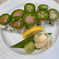 Hamachi Jalapeno Special Roll  · Base: shrimp california roll.
On top: yellowtail (hamachi), jalapeno.
 
