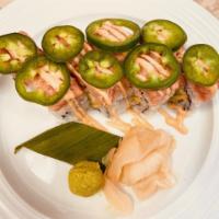Spicy Tuna Jalapeno Special Roll · Base: shrimp california roll.
On top: spicy tuna, jalapeno, spicy mayo
