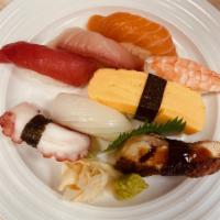 Nigiri A · Tuna, salmon, hamachi, shrimp, octopus, squid, eel and egg.