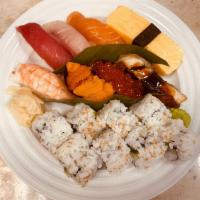 Assorted Sushi B · Nigiri B: tuna, salmon, yellowtail, shrimp, uni(sea urchin), ikura(salmon roe) and eel, egg ...