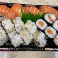 Salmon Lovers · 4 pieces nigiri with salmon roll and salmon avocado roll.