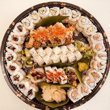 Roll Platter · 77 pieces. Spicy tuna, shrimp California, eel cucumber and vegie - 16 pieces each. Crunchy - 8 pieces and spider - 5 pieces.