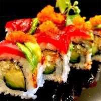Ahi Crunch Roll · Royal Stix recommends. Avocado and tempura crunch roll topped with fresh tuna, avocado, masa...