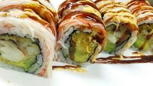 Royal Lobster Roll · Tempura lobster tail, cucumber, crabstick, avocado topped with crab meat, spicy mayonnaise s...