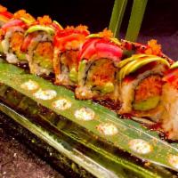Hurricane Roll · Royal Stix recommends. Spicy fish mix, avocado roll topped with seared tuna, white tuna, mas...