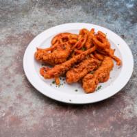 Chicken Strips Basket · 4 country style breaded and seasoned chicken strips served with ranch or BBQ sauce. Includes...