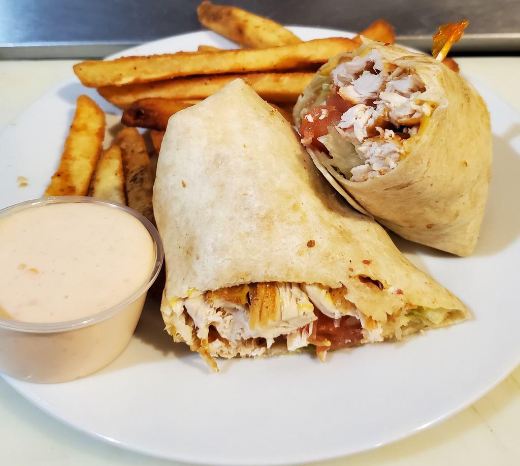 Alarm Chicken Wrap · 3 pieces. Grilled chicken with pepper jack cheese, grilled jalapenos, lettuce, and tomato, finished with our house garlic habanero sauce.