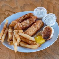 Fish and Chips · 3 pieces of light beer battered deep fried north Atlantic cod served with potato and soup, s...