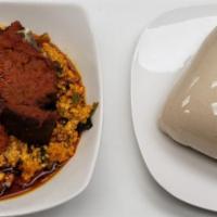 Egusi · Served with eba (garri), yam flour (amala), poundo yam.