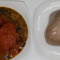 Ogbono · Served with eba (garri), yam flour (amala), poundo yam, and oat fufu. Choice of meat.