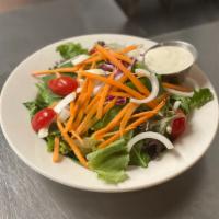 Small Side Salad · Fresh mixed greens with tomatoes, onions, carrots, cucumbers and dressing.