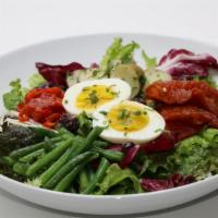 Nicoise Salad · Mixed greens, roasted red pepper & tomato, fingerling potato, green bean, jammy egg, roasted...