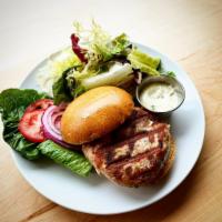 Grilled Yellow Fin Tuna Burger · Served with mixed greens. 6 oz. Yellow Fin tuna, chives, cilantro, chili oil, lettuce, tomat...